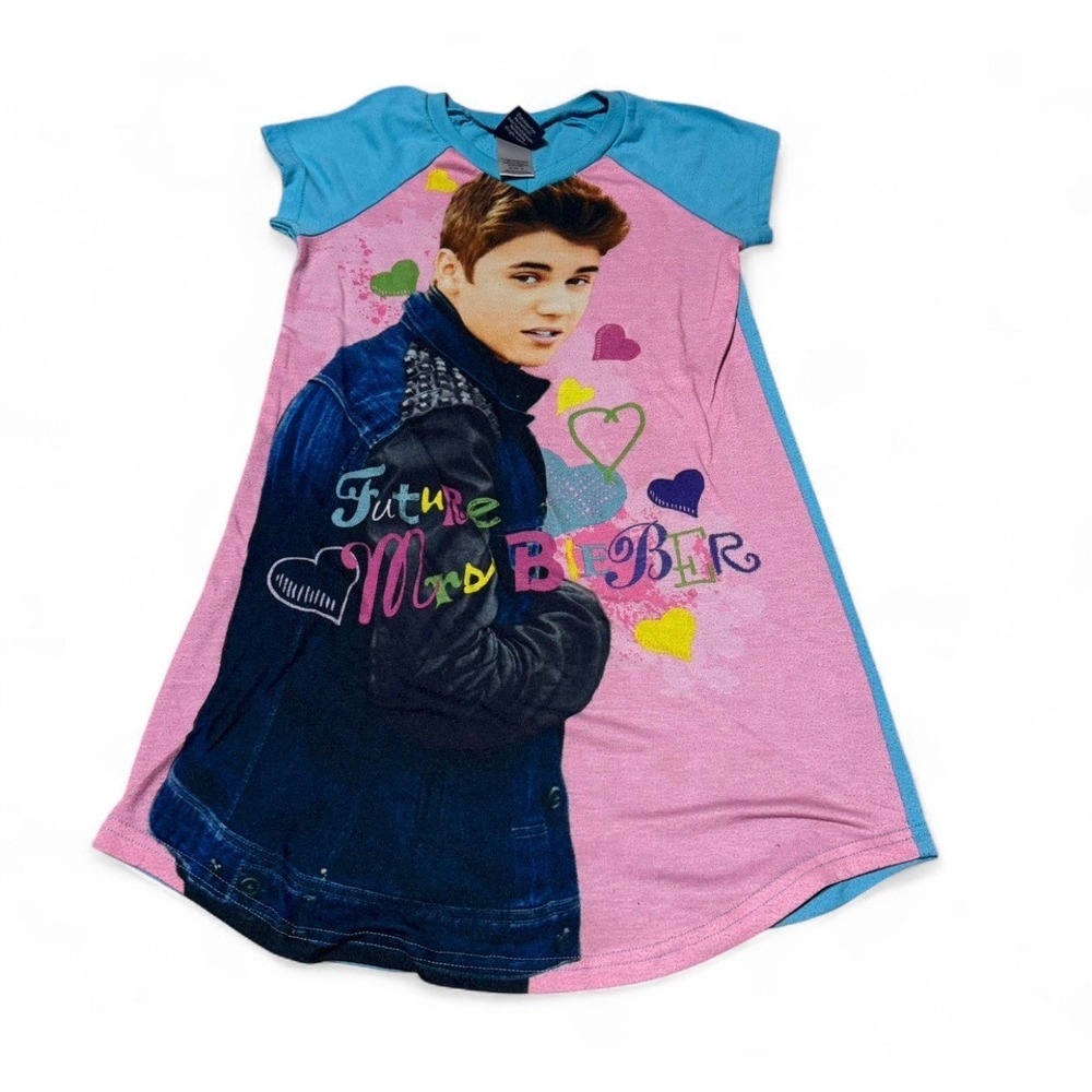 Justin Bieber Nightgown Shirt Girls Size 8 Pink Blue Future Mrs Bieber Y2K